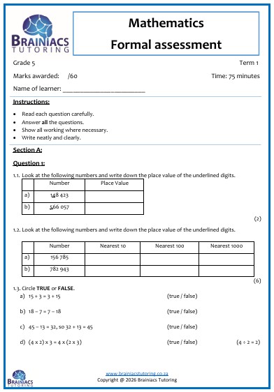 Mathematics Test - Gr.5 - Term 1 - Image 2