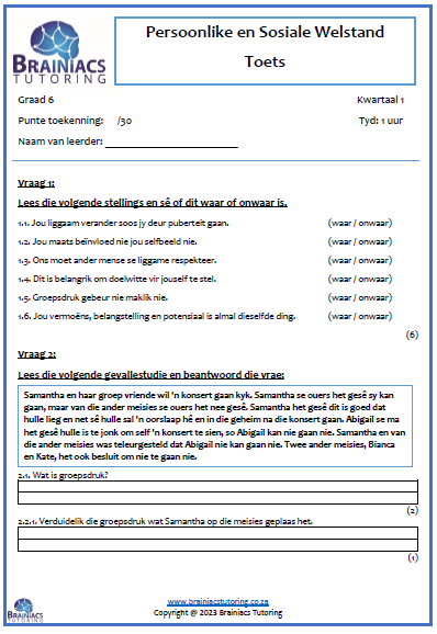 PSW (lewensvaardigheid) Toets - Gr.6 - Kwartaal 1 - Image 2